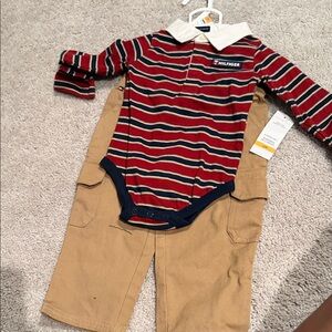 Tommy Hilfiger Red and Navy Striped Bodysuit with Tan Pants